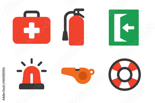 Safety equipment symbols including first aid kit, fire extinguisher, and alarm light displayed for emergency preparedness