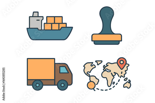 Ship with cargo, stamp, delivery truck, and world map highlighting shipping routes in a bright and modern design