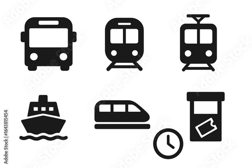 Different modes of transportation including bus, train, tram, boat, and ticketing, representing urban travel options