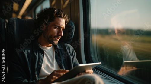 man sits on a train, focused on his tablet. The scenery outside the window shows green fields, illustrating a digital nomad lifestyle.