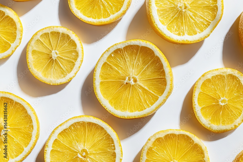 Fototapeta premium Overhead shot of lemon slices arranged on a white background, casting soft shadows. The vibrant yellow citrus fruit creates a bright, refreshing pattern