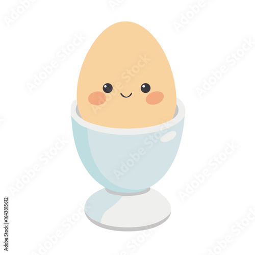Colored vector icon of a boiled egg in a cup with a cute face, symbolizing breakfast, nutrition, and morning meal. Isolated on a transparent background