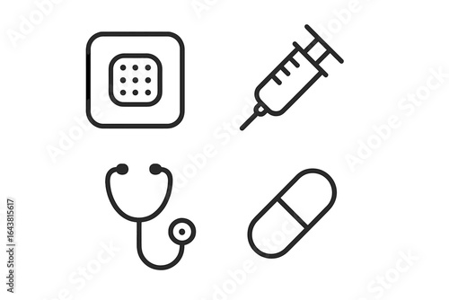 Medical symbols including stethoscope, syringe, bandage, and pill representing healthcare concepts
