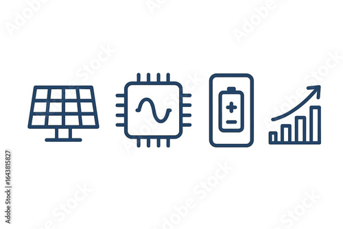 Illustration of renewable energy concepts including solar panels, microchips, batteries, and growth trends in technology