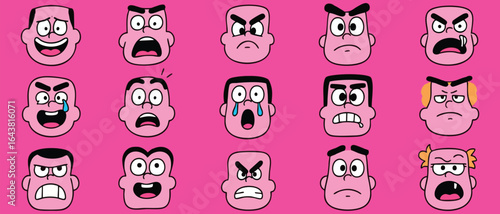 Cartoon Man Faces Showing Various Emotions and Expressions