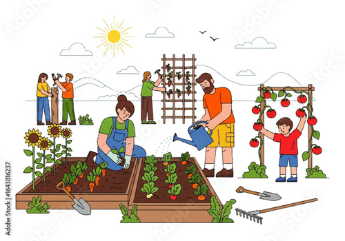 People tending vegetables, flowers, and fruits in a sunny garden. Suitable for gardening, farming, agriculture, lifestyle, and naturerelated content.