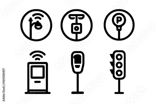 Various urban traffic and parking symbols illustrated in a simple monochrome design indicating functionality in a city environment