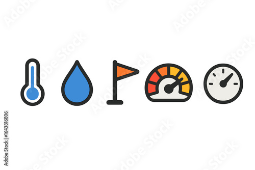 Weather icons illustrating temperature, humidity, wind, and pressure conditions for a weather report or application
