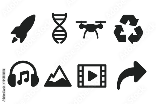 Modern symbols representing technology, nature, and entertainment in a minimalist design for visual communication