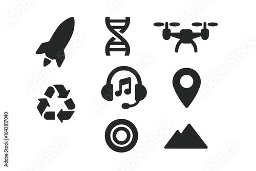 Icons representing technology and science including rockets, DNA, drones, and music symbols in a minimalist style