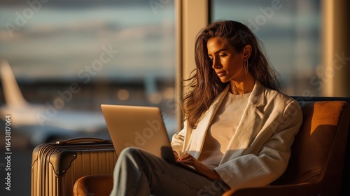 woman with long brown hair works on a laptop in an airport lounge. She sits comfortably next to a suitcase, with a sunset view in the background.