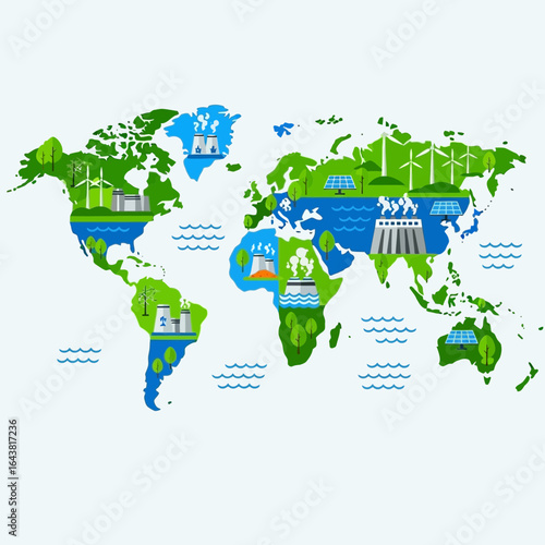 World map with green and blue icons representing environmental themes.