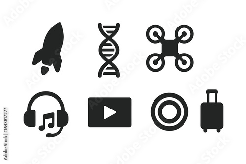 Technology symbols representing innovation, science, and entertainment in a modern context displaying diverse activities