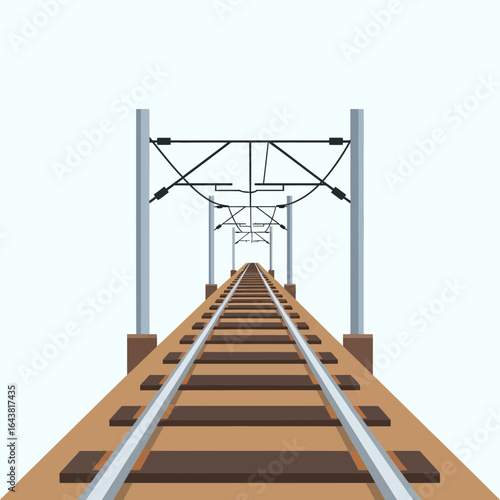 Train tracks recede into a bright white background with overhead wires.