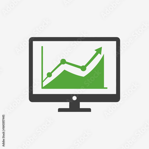 Computer monitor displaying a green upward trending graph.