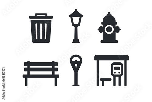 Urban elements including trash can, lamp post, fire hydrant, bench, parking meter, and bus stop display public infrastructure