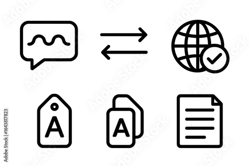 Graphic symbols representing communication, exchange, language, and documentation in a global context