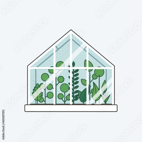 Greenhouse filled with green plants under a clear roof.