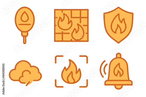 Fire safety symbols representing prevention measures and alert systems for emergencies in a simplified graphic design