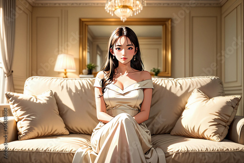 Elegant Woman in Satin Gown Sitting on Luxurious Couch