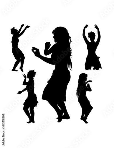 Tahitian hula dancing performance, female traditional dancer pose silhouette