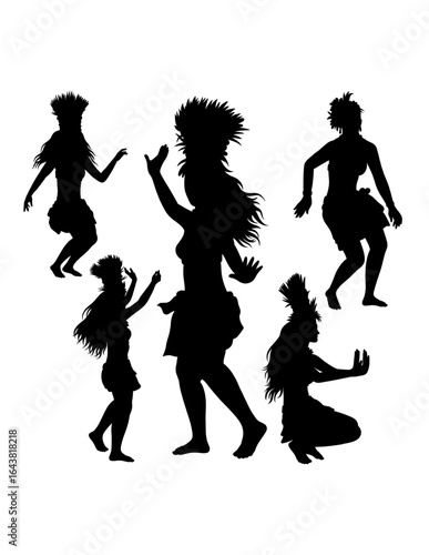 Tahitian hula dancing performance, female traditional dancer pose silhouette