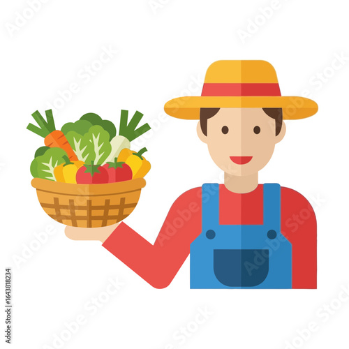Farmer holding a basket of fresh vegetables and fruits.