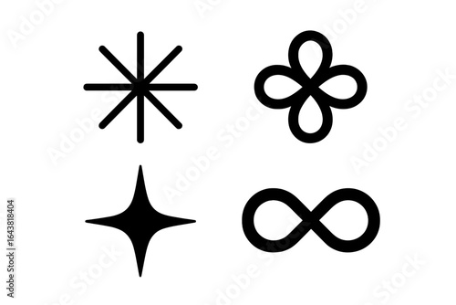 Symbols and shapes representing various concepts including infinity, beauty, and creativity in a simple black design