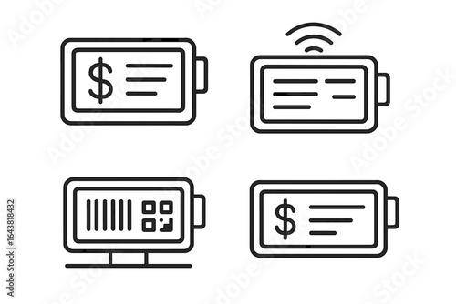 Illustrations of payment methods including cash and digital options for modern transactions in a business setting