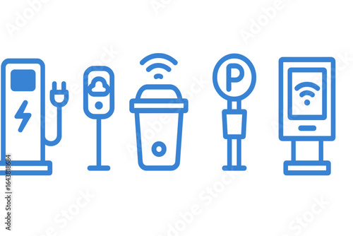 Icons representing electric vehicle charging stations, payment meters, and smart parking solutions located in urban environments
