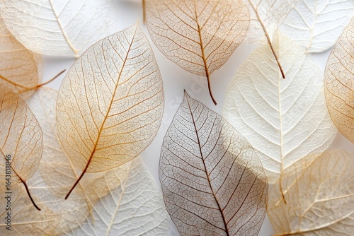 Skeletons of delicate, translucent leaves in beige and white hues scattered on a light background, showcasing intricate vein patterns