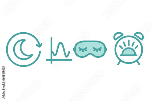 Sleep cycle symbols depicting nighttime rest, relaxation, and morning awakening routine