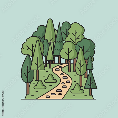 Stylized forest with a winding path and trees.