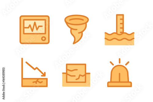 Icons representing disaster management tools used for monitoring and responding to natural calamities