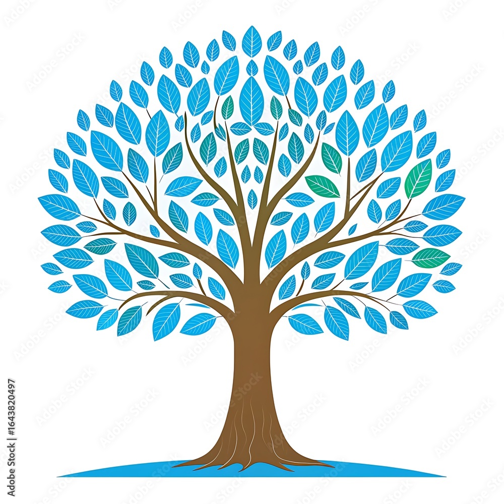 Obraz premium Stylized tree with blue leaves and brown trunk on white background