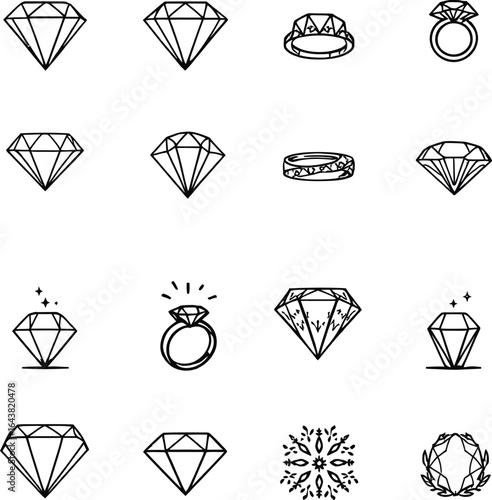 Set of Sixteen Black Line Art Icons Featuring Diamond Cuts and Engagement Ring Designs—Minimalist Jewelry Illustrations for Fashion Branding, Wedding Stationery, and Gemstone Education