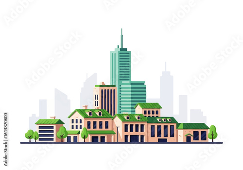 Buildings and skyscrapers in a modern urban cityscape. Suitable for travel brochures, websites, and citythemed designs. Perfect for urbanrelated projects.