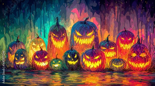 Spooky halloween mystery glowing pumpkins illuminate a haunted forest magical nighttime trick or treat adventure