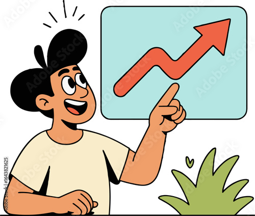 Illustration of a person pointing at an upward trending arrow on a screen with a joyful expression