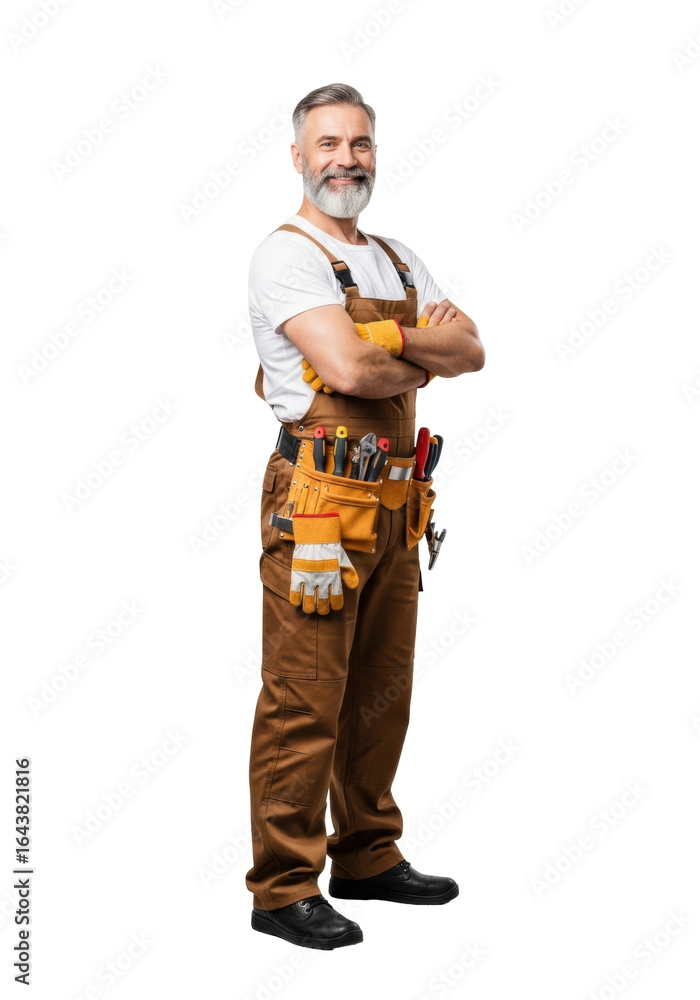 Smiling, confident middle-aged caucasian man with a grey beard, construction worker in white t-shirt, brown overalls, and tool belt, arms crossed, isolated on a transparent background with bright Smiling, confident middle-aged caucasian man with a grey beard, construction worker in white t-shirt, brown overalls, and tool belt, arms crossed, isolated on a transparent background with bright