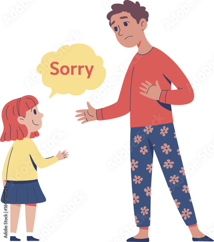 Father apologizing to daughter, sorry expression, family communication, child forgiveness, parent and child, emotional moment, understanding, apology scene, caring parent, child interaction