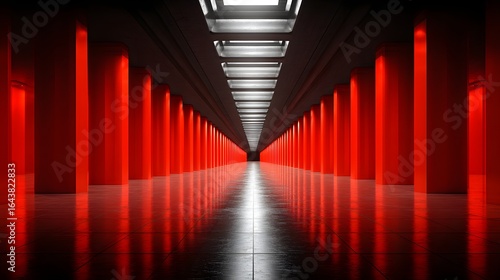Red-lit corridor with reflective floor.