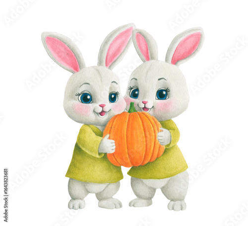 Hand drawn watercolor bunnies with pumpkin. A Thanksgiving card