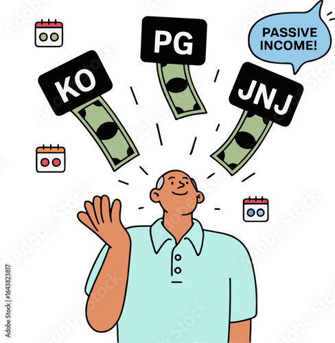 Man looking up at money with stock symbols and passive income bubble with calendars around him