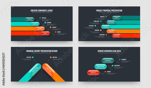 Financial Visualization Four Five Two Three Option Diagram Presentation Design Vector Illustration Collection. Consulting Showcase 4 5 2 3 Element Infographic Slide Layout Bundle.