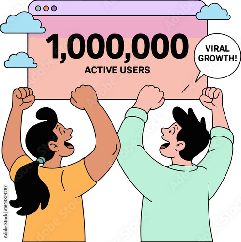 Two people celebrating one million active users with a banner and viral growth speech bubble
