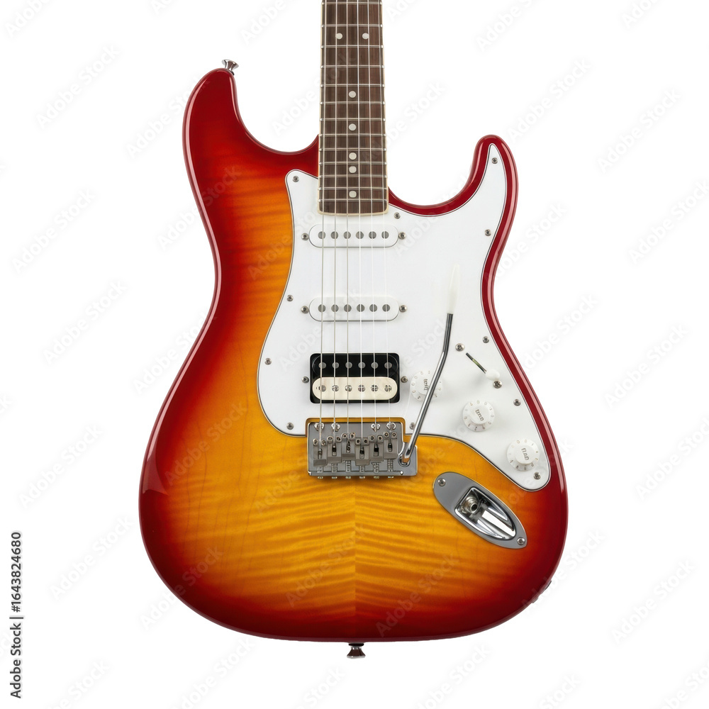 Obraz premium A pristine electric guitar with a vibrant sunburst finish, golden amber to reddish-brown, subtle wood grain, matte white pickguard, and polished chrome hardware, on a seamless transparent background