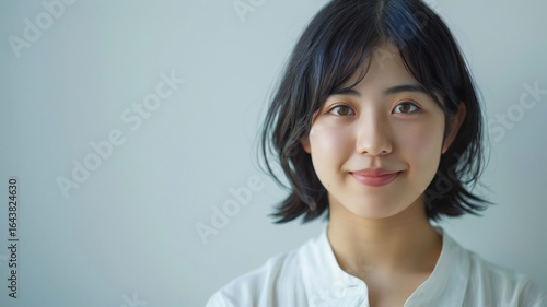 Natural portrait of young Asian woman with short black hair and gentle smile