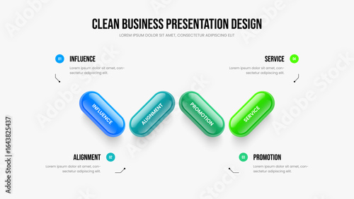 Company Proposal Slideshow Template Vector Illustration. Sales Development Four Element Infographic Frame Layout. Visual Launch 4 Step Diagram Presentation Design.