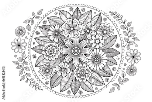Intricate black and white mandala design with floral and leaf motifs